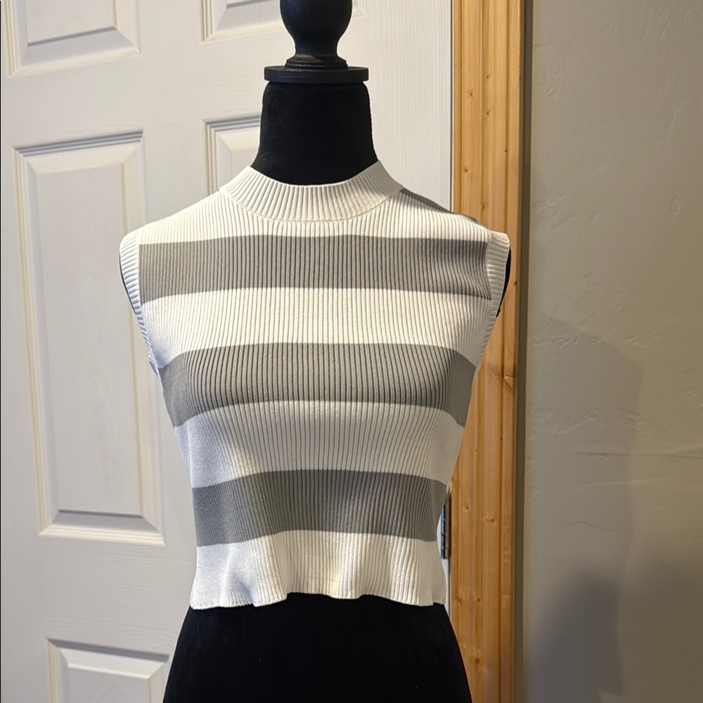 Striped Sleeveless Ribbed Crop Top - White and Gray